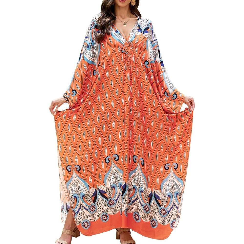 Women's Orange White V-neck Batwing Sleeve Flowy Split Hem Bohemian Kaftan Dress